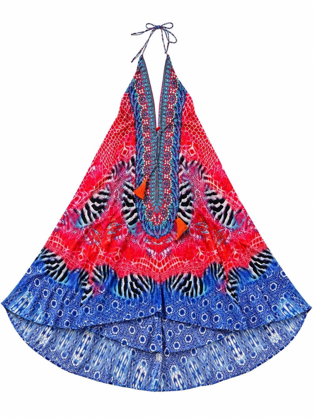 NWT TRUE COLOURS Vibrant Deep V Asymmetrical Halter Dress in Red & Blue - Sz S/M